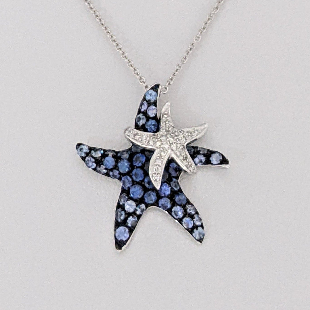 14K WHITE SAPPHIRE AND DIAMOND STARFISH (2) ESTATE PENDANT & CHAIN 3.6 GRAMS