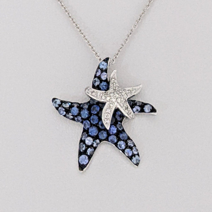 14K WHITE SAPPHIRE AND DIAMOND STARFISH (2) ESTATE PENDANT & CHAIN 3.6 GRAMS