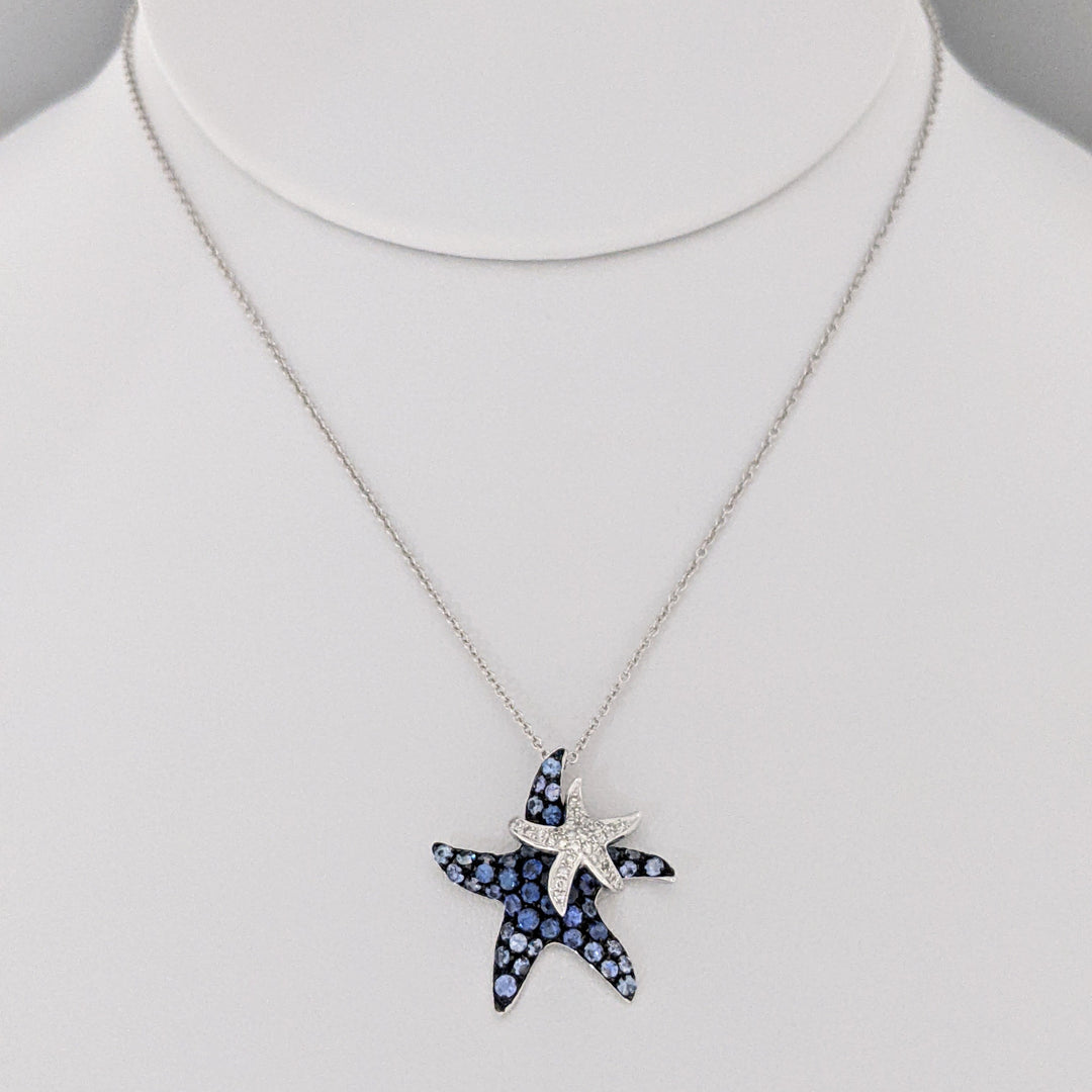 14K WHITE SAPPHIRE AND DIAMOND STARFISH (2) ESTATE PENDANT & CHAIN 3.6 GRAMS