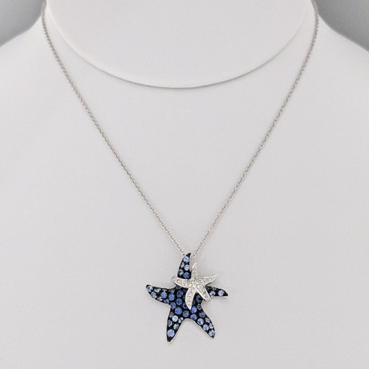 14K WHITE SAPPHIRE AND DIAMOND STARFISH (2) ESTATE PENDANT & CHAIN 3.6 GRAMS