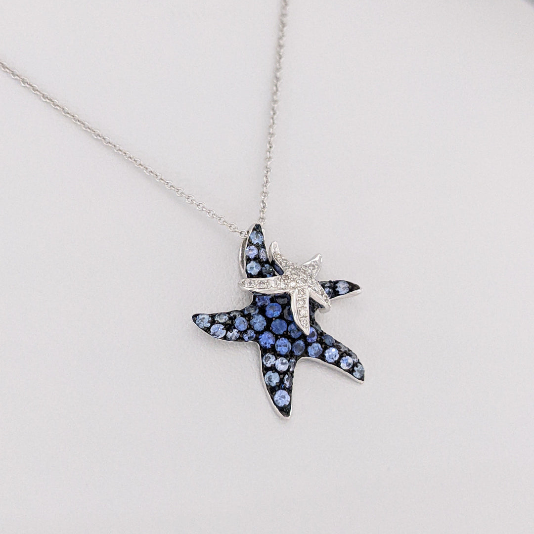 14K WHITE SAPPHIRE AND DIAMOND STARFISH (2) ESTATE PENDANT & CHAIN 3.6 GRAMS