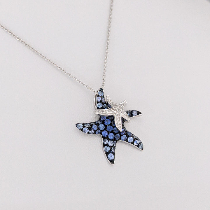 14K WHITE SAPPHIRE AND DIAMOND STARFISH (2) ESTATE PENDANT & CHAIN 3.6 GRAMS