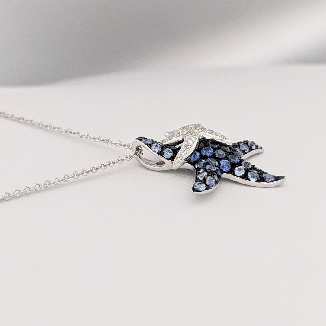 14K WHITE SAPPHIRE AND DIAMOND STARFISH (2) ESTATE PENDANT & CHAIN 3.6 GRAMS