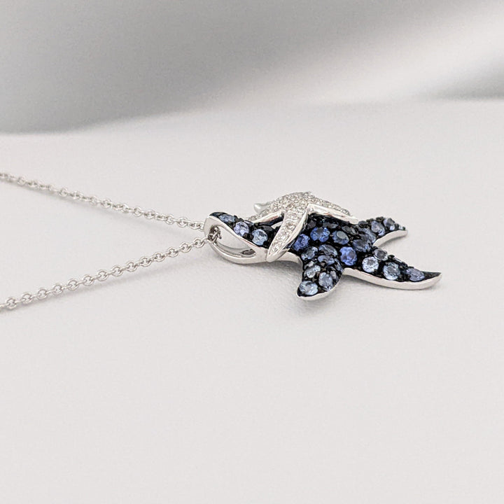 14K WHITE SAPPHIRE AND DIAMOND STARFISH (2) ESTATE PENDANT & CHAIN 3.6 GRAMS