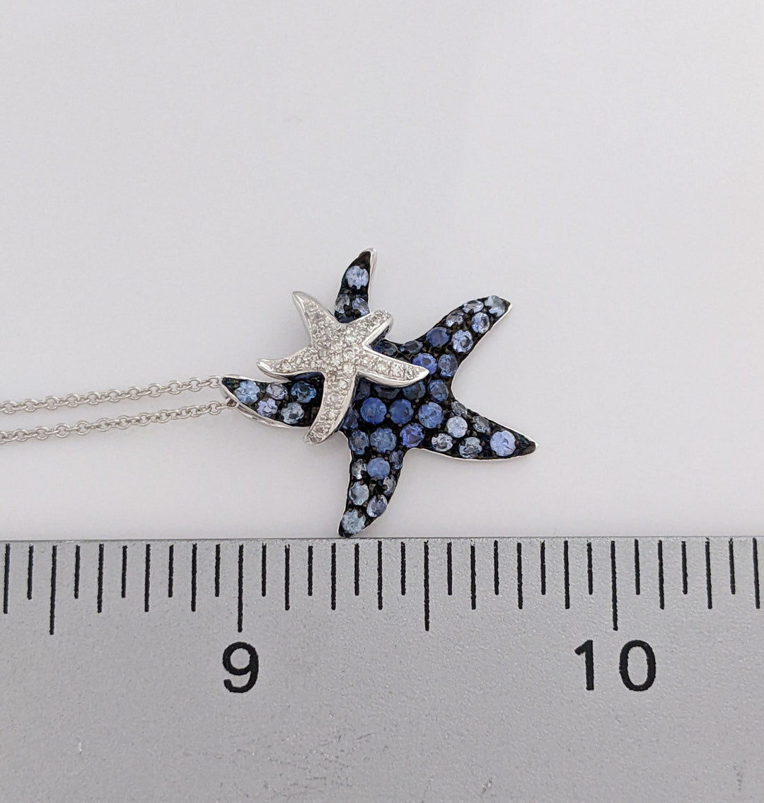 14K WHITE SAPPHIRE AND DIAMOND STARFISH (2) ESTATE PENDANT & CHAIN 3.6 GRAMS