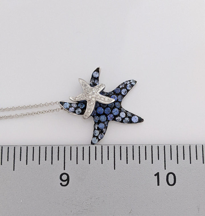14K WHITE SAPPHIRE AND DIAMOND STARFISH (2) ESTATE PENDANT & CHAIN 3.6 GRAMS