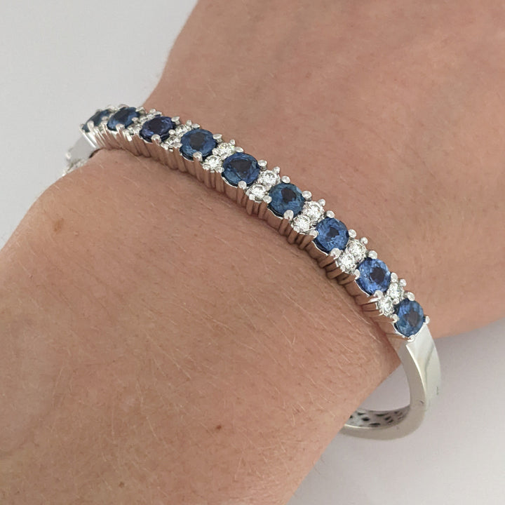 14K SAPPHIRE 4.50 CARAT TOTAL WEIGHT (9) ROUND WITH .71 DIAMOND TOTAL WEIGHT ESTATE BANGLE 23.9 GRAMS