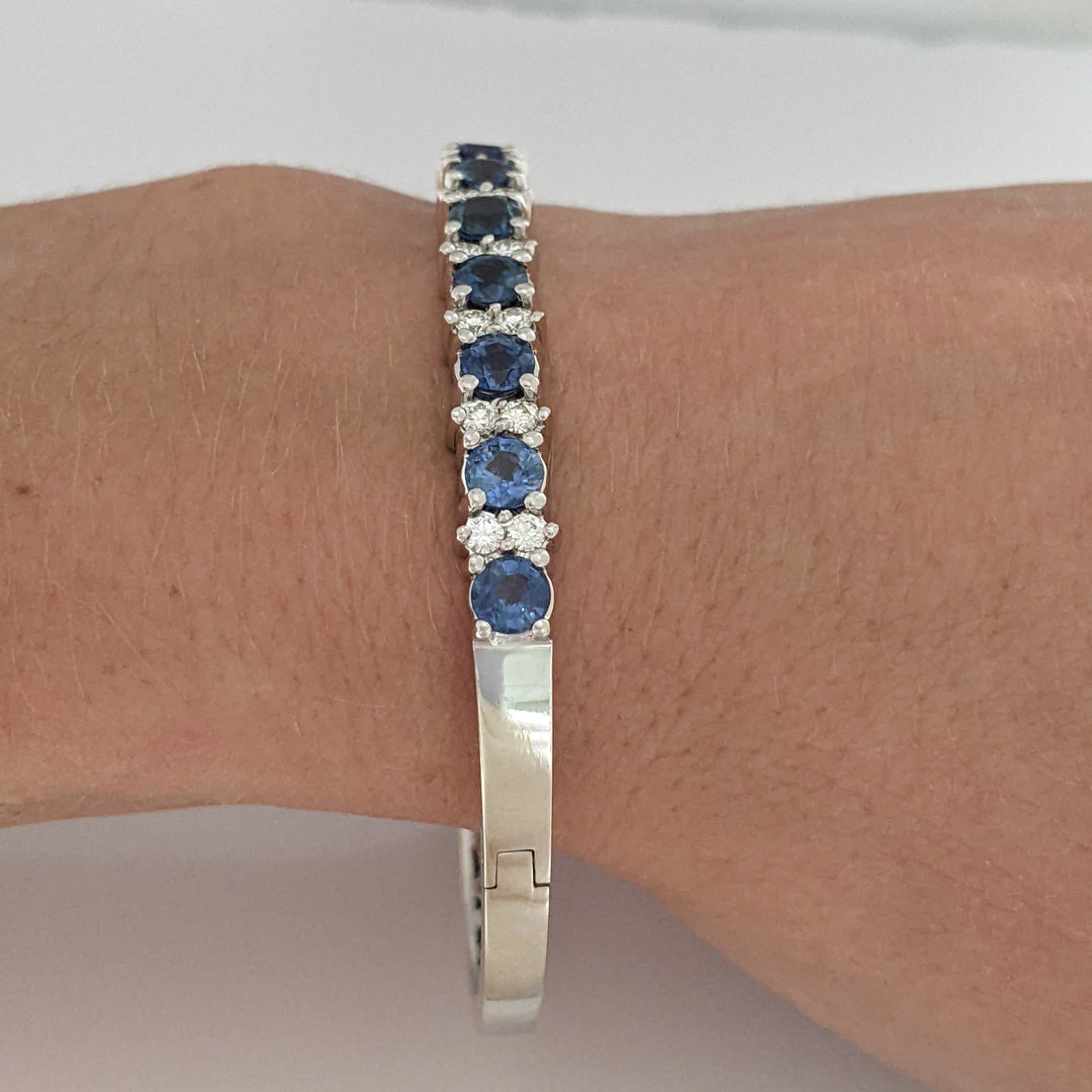 14K SAPPHIRE 4.50 CARAT TOTAL WEIGHT (9) ROUND WITH .71 DIAMOND TOTAL WEIGHT ESTATE BANGLE 23.9 GRAMS