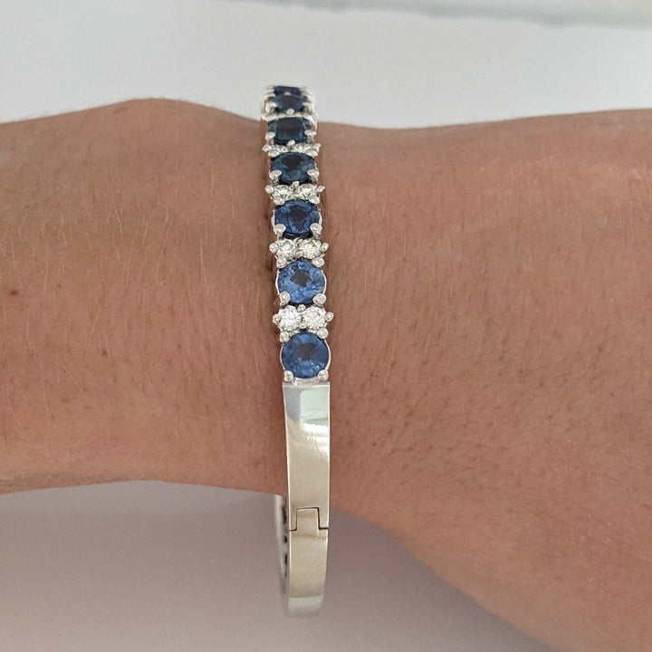14K SAPPHIRE 4.50 CARAT TOTAL WEIGHT (9) ROUND WITH .71 DIAMOND TOTAL WEIGHT ESTATE BANGLE 23.9 GRAMS