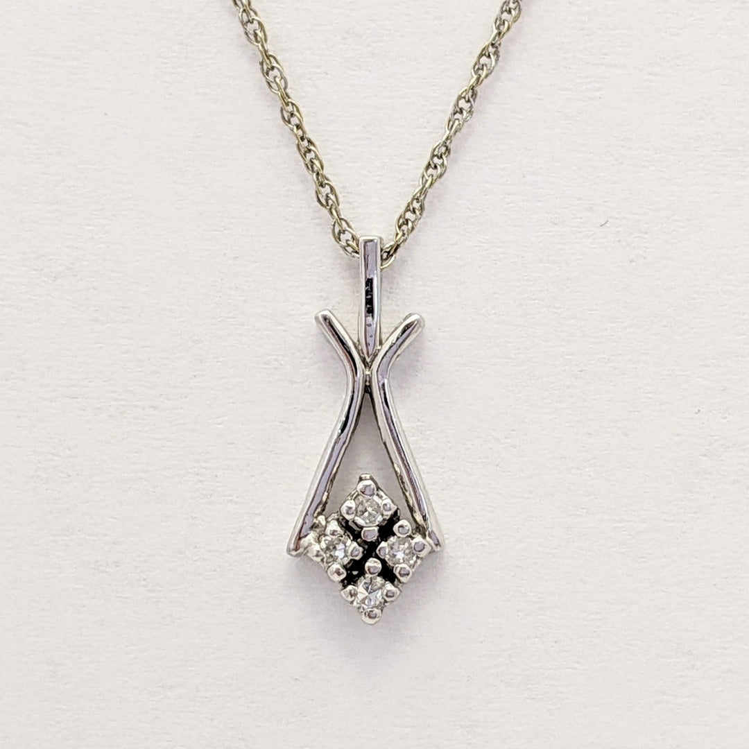 14K WHITE .04 CARAT TOTAL WEIGHT VS2 H DIAMOND ROUND (4) FREE FORM ESTATE PENDANT & CHAIN 1.7 GRAMS