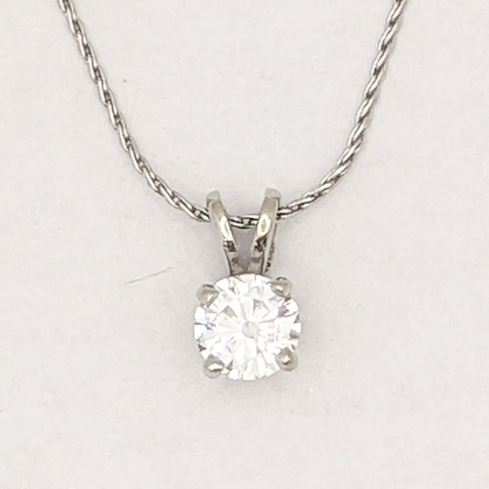 14K WHITE .66 CARAT TOTAL SI2 H DIAMOND ROUND ESTATE PENDANT & CHAIN 2.4 GRAMS