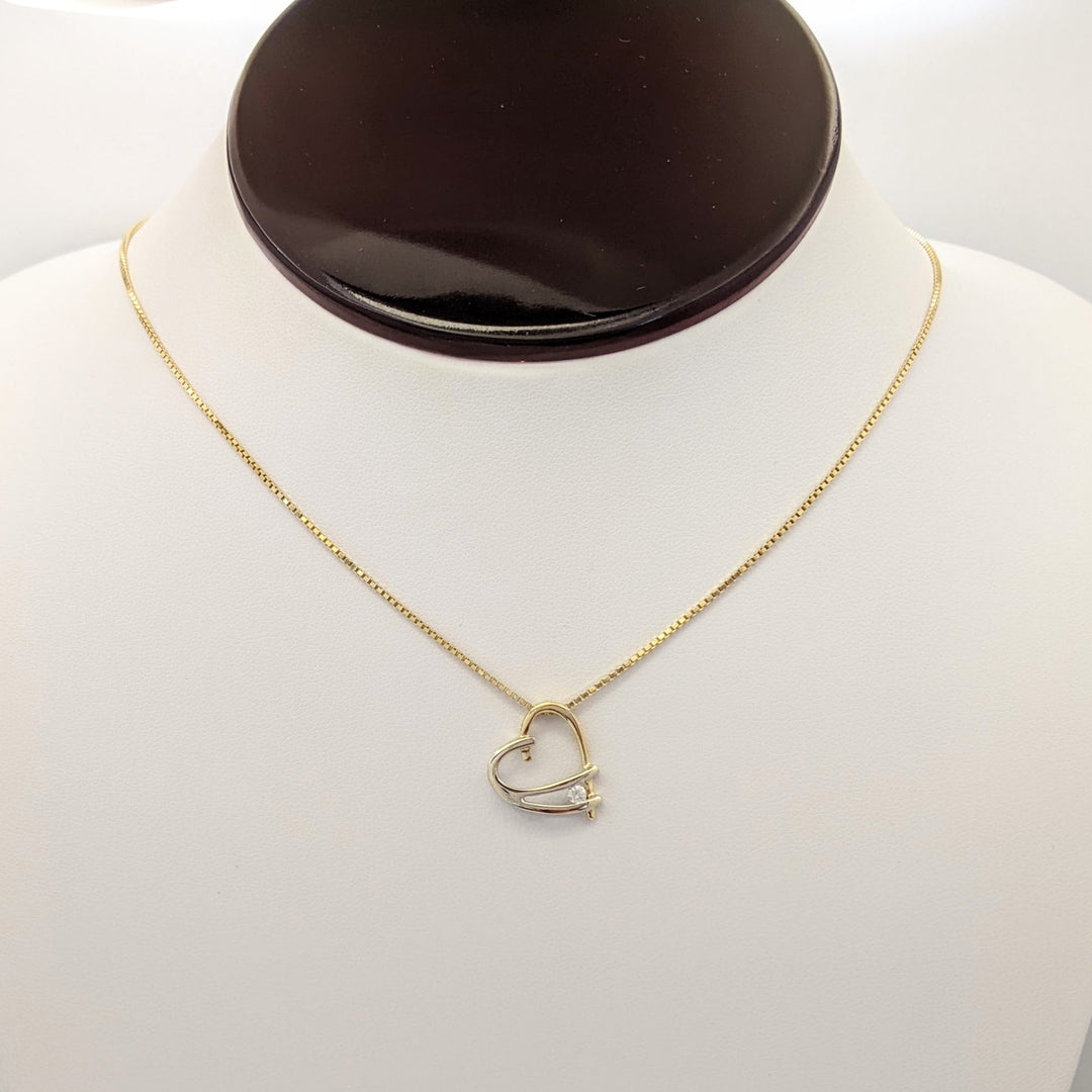 14K TWO-TONE .05 CARAT TOTAL DIAMOND ROUND ESTATE HEART PENDANT & CHAIN 1.9 GRAMS