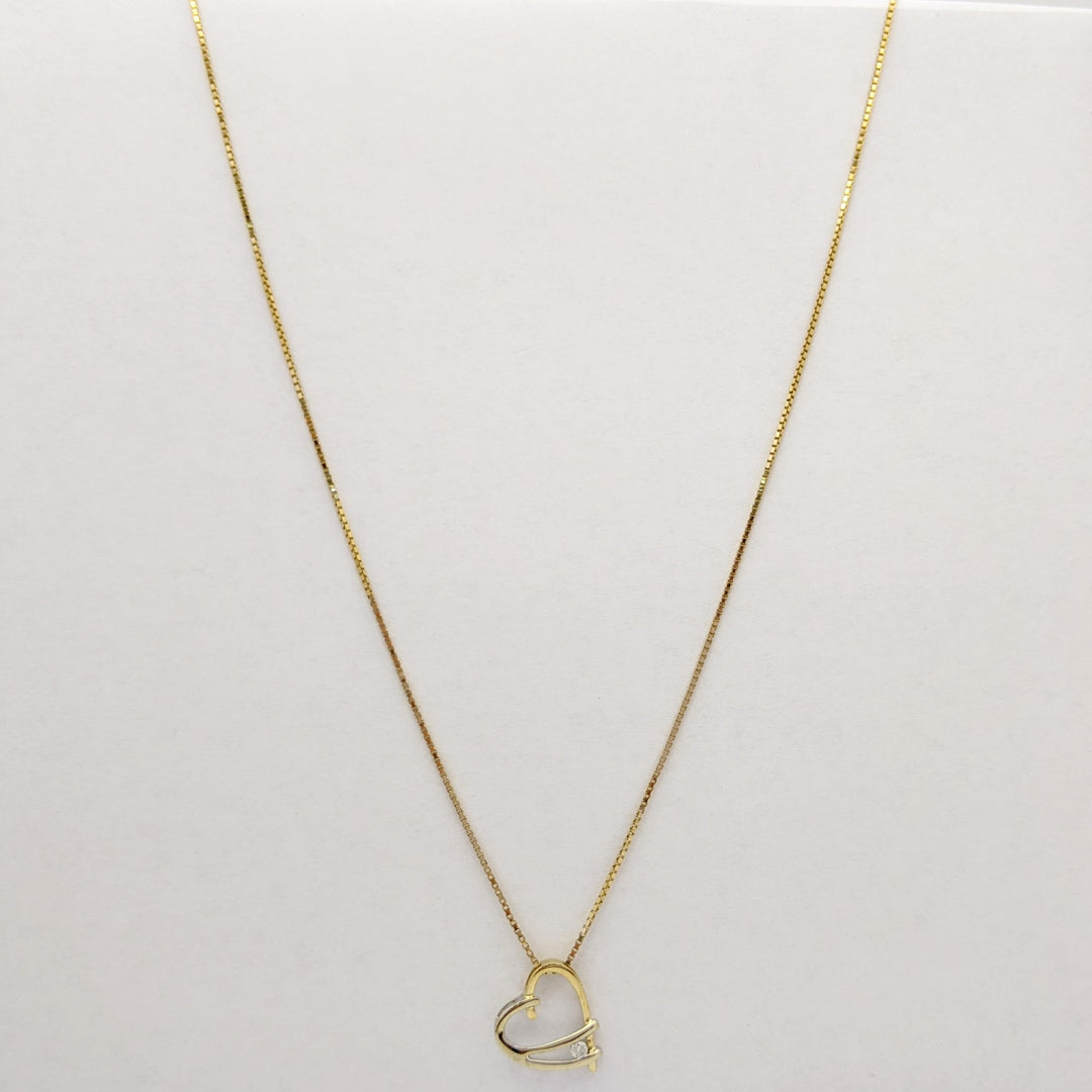 14K TWO-TONE .05 CARAT TOTAL DIAMOND ROUND ESTATE HEART PENDANT & CHAIN 1.9 GRAMS