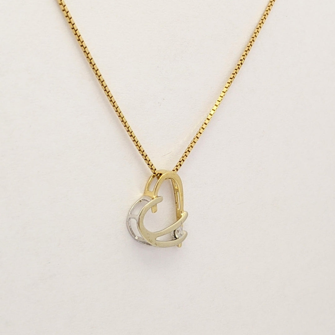 14K TWO-TONE .05 CARAT TOTAL DIAMOND ROUND ESTATE HEART PENDANT & CHAIN 1.9 GRAMS