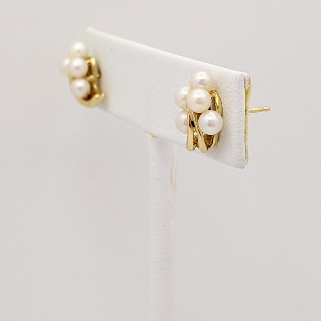 14K PEARL ROUND (10) 3.5MM CLUSTER ESTATE EARRINGS 2.1 GRAMS
