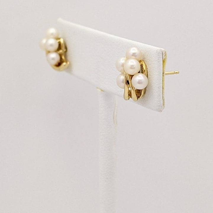 14K PEARL ROUND (10) 3.5MM CLUSTER ESTATE EARRINGS 2.1 GRAMS