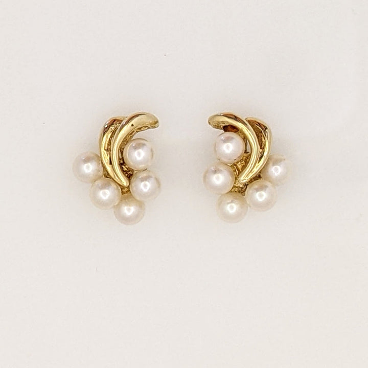 14K PEARL ROUND (10) 3.5MM CLUSTER ESTATE EARRINGS 2.1 GRAMS