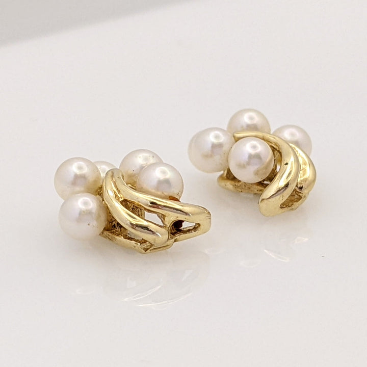 14K PEARL ROUND (10) 3.5MM CLUSTER ESTATE EARRINGS 2.1 GRAMS
