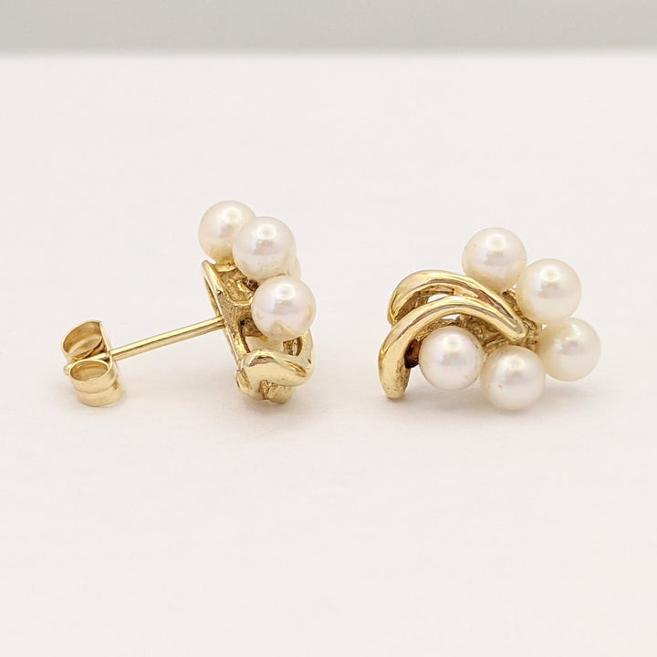 14K PEARL ROUND (10) 3.5MM CLUSTER ESTATE EARRINGS 2.1 GRAMS