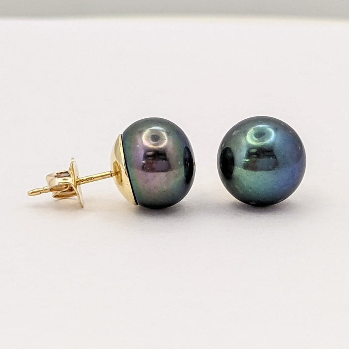 14K TAHITIAN PEARL ROUND 10MM ESTATE STUD EARRINGS 3.2 GRAMS