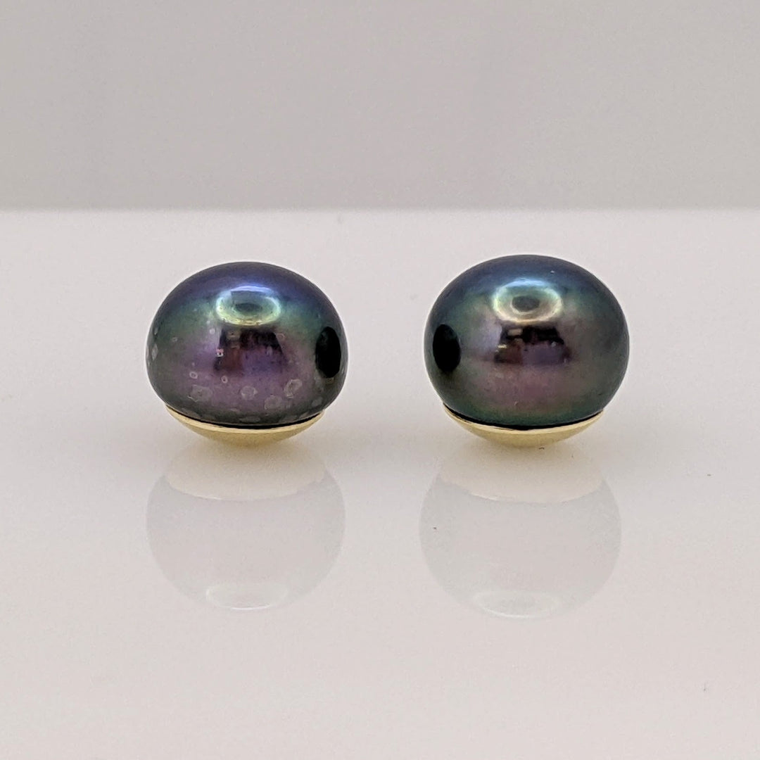 14K TAHITIAN PEARL ROUND 10MM ESTATE STUD EARRINGS 3.2 GRAMS