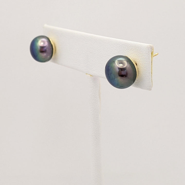 14K TAHITIAN PEARL ROUND 10MM ESTATE STUD EARRINGS 3.2 GRAMS