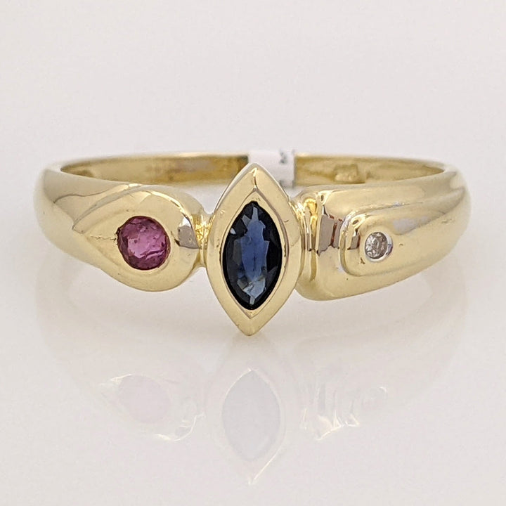 14K TWO-TONE SAPPHIRE MARQUISE 2.5X5 (1) RUBY ROUND 2.4MM (1) WITH MELEE ESTATE RING 2.2 GRAMS