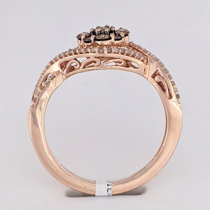 10K ROSE .48 CARAT TOTAL WEIGHT DIAMOND CHOCOLATE/WHITE ROUND (65) ESTATE CLUSTER RING 2.7 GRAMS