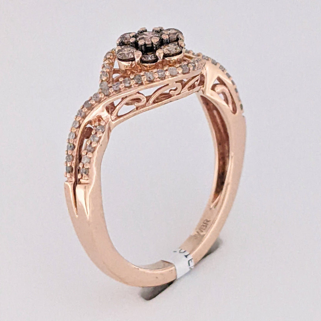 10K ROSE .48 CARAT TOTAL WEIGHT DIAMOND CHOCOLATE/WHITE ROUND (65) ESTATE CLUSTER RING 2.7 GRAMS