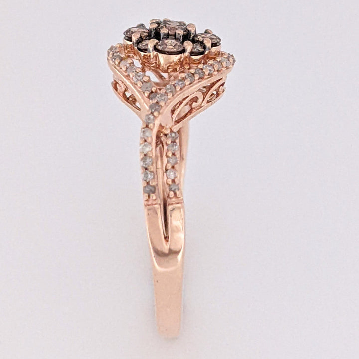 10K ROSE .48 CARAT TOTAL WEIGHT DIAMOND CHOCOLATE/WHITE ROUND (65) ESTATE CLUSTER RING 2.7 GRAMS