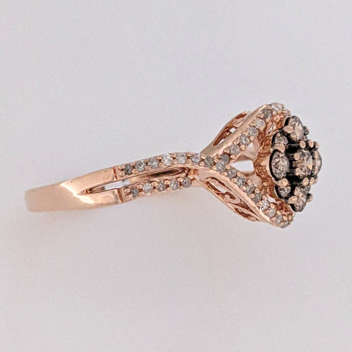 10K ROSE .48 CARAT TOTAL WEIGHT DIAMOND CHOCOLATE/WHITE ROUND (65) ESTATE CLUSTER RING 2.7 GRAMS