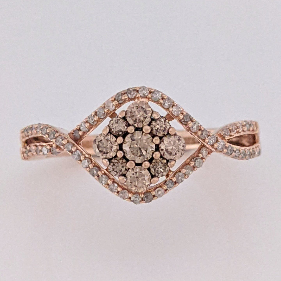 10K ROSE .48 CARAT TOTAL WEIGHT DIAMOND CHOCOLATE/WHITE ROUND (65) ESTATE CLUSTER RING 2.7 GRAMS