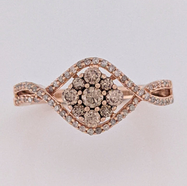 10K ROSE .48 CARAT TOTAL WEIGHT DIAMOND CHOCOLATE/WHITE ROUND (65) ESTATE CLUSTER RING 2.7 GRAMS