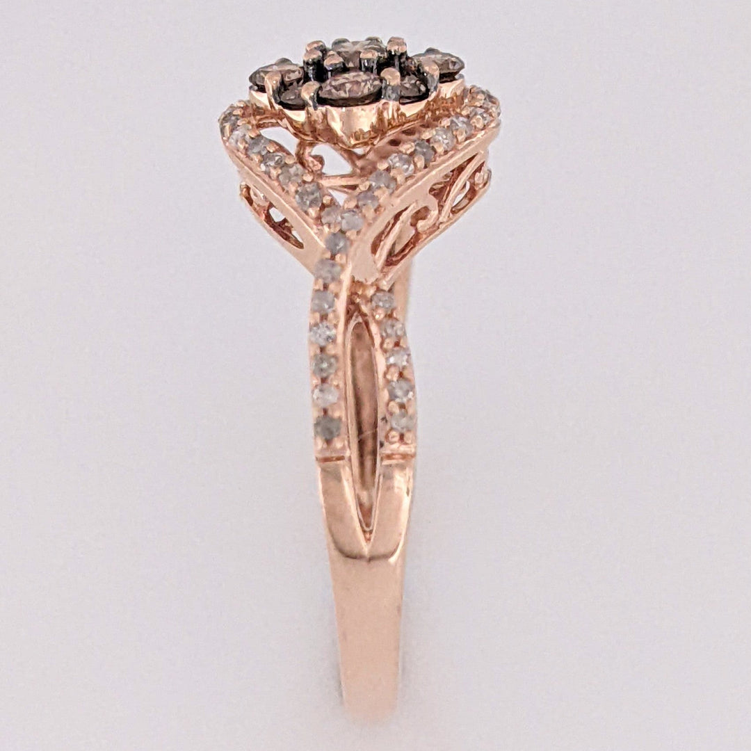 10K ROSE .48 CARAT TOTAL WEIGHT DIAMOND CHOCOLATE/WHITE ROUND (65) ESTATE CLUSTER RING 2.7 GRAMS