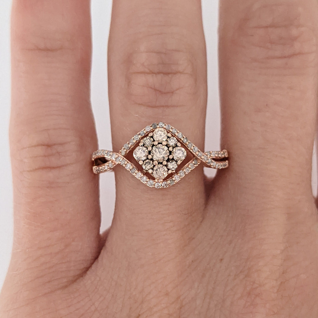 10K ROSE .48 CARAT TOTAL WEIGHT DIAMOND CHOCOLATE/WHITE ROUND (65) ESTATE CLUSTER RING 2.7 GRAMS