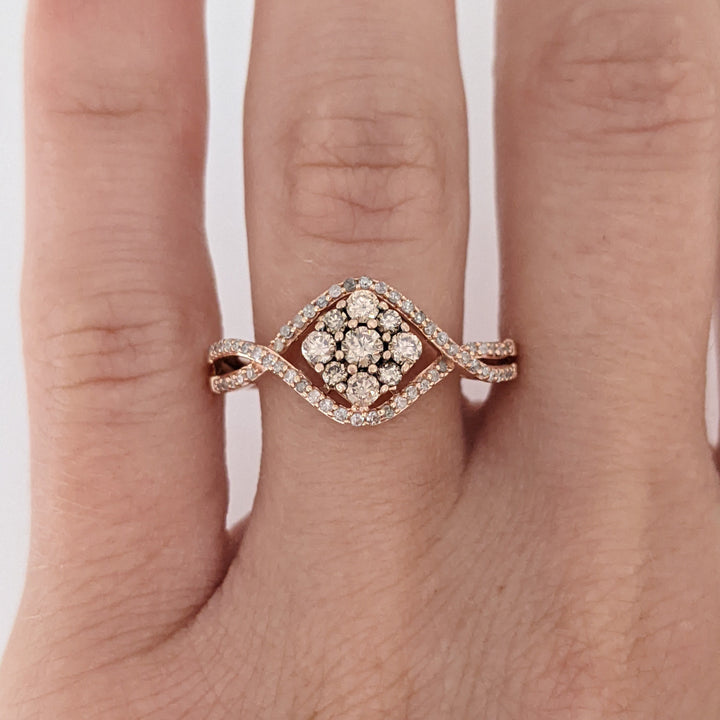 10K ROSE .48 CARAT TOTAL WEIGHT DIAMOND CHOCOLATE/WHITE ROUND (65) ESTATE CLUSTER RING 2.7 GRAMS