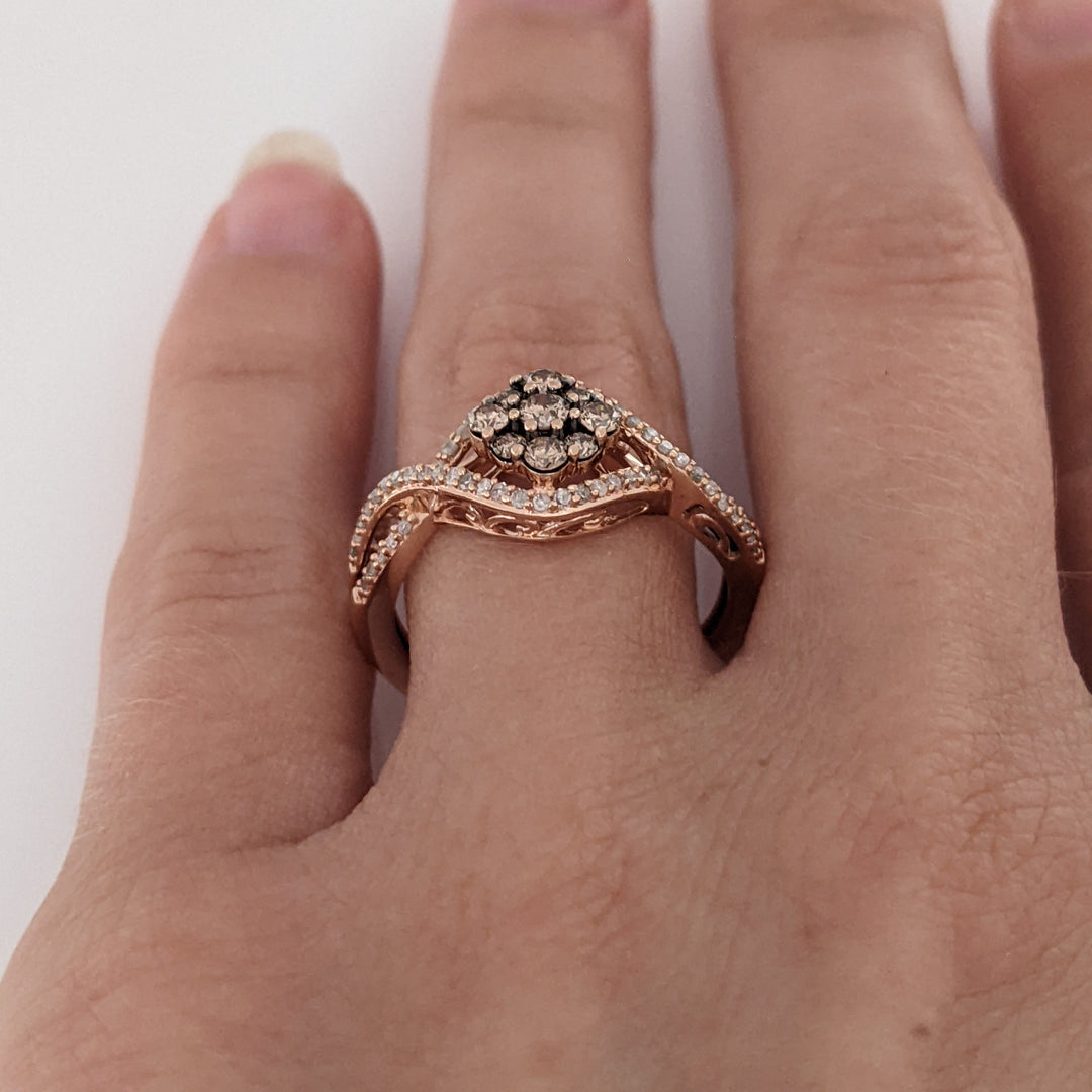 10K ROSE .48 CARAT TOTAL WEIGHT DIAMOND CHOCOLATE/WHITE ROUND (65) ESTATE CLUSTER RING 2.7 GRAMS