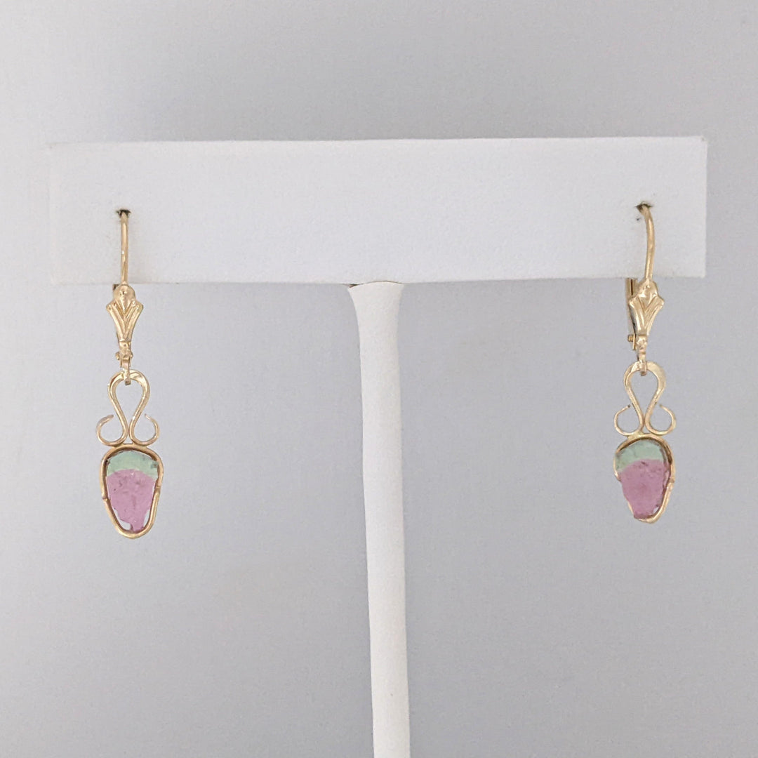 14K WATERMELON TOURMALINE SLICE LEVERBACK ESTATE EARRINGS 1.6 GRAMS