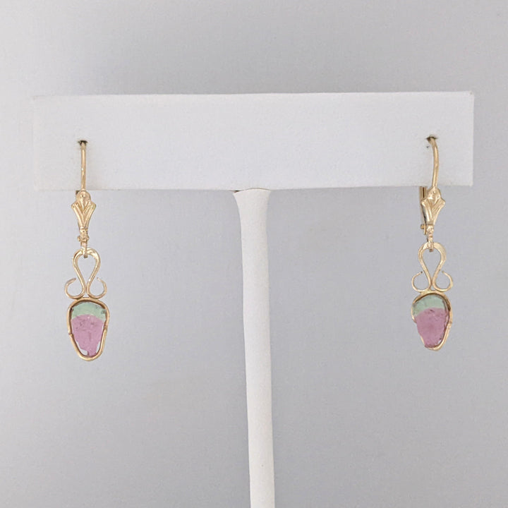 14K WATERMELON TOURMALINE SLICE LEVERBACK ESTATE EARRINGS 1.6 GRAMS