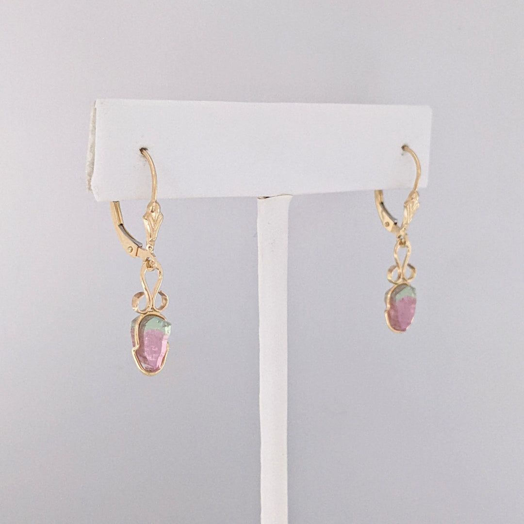 14K WATERMELON TOURMALINE SLICE LEVERBACK ESTATE EARRINGS 1.6 GRAMS