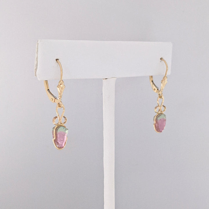 14K WATERMELON TOURMALINE SLICE LEVERBACK ESTATE EARRINGS 1.6 GRAMS