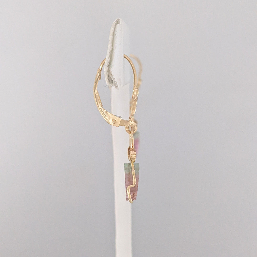 14K WATERMELON TOURMALINE SLICE LEVERBACK ESTATE EARRINGS 1.6 GRAMS