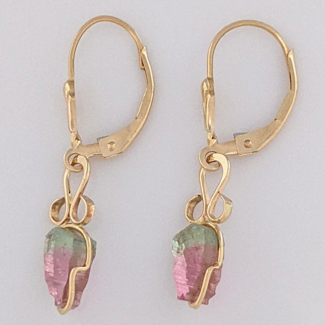 14K WATERMELON TOURMALINE SLICE LEVERBACK ESTATE EARRINGS 1.6 GRAMS