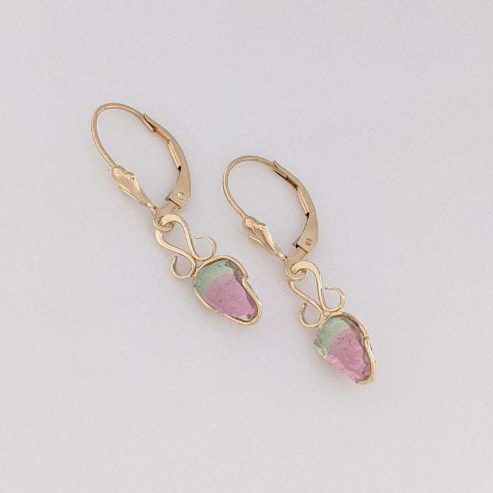 14K WATERMELON TOURMALINE SLICE LEVERBACK ESTATE EARRINGS 1.6 GRAMS