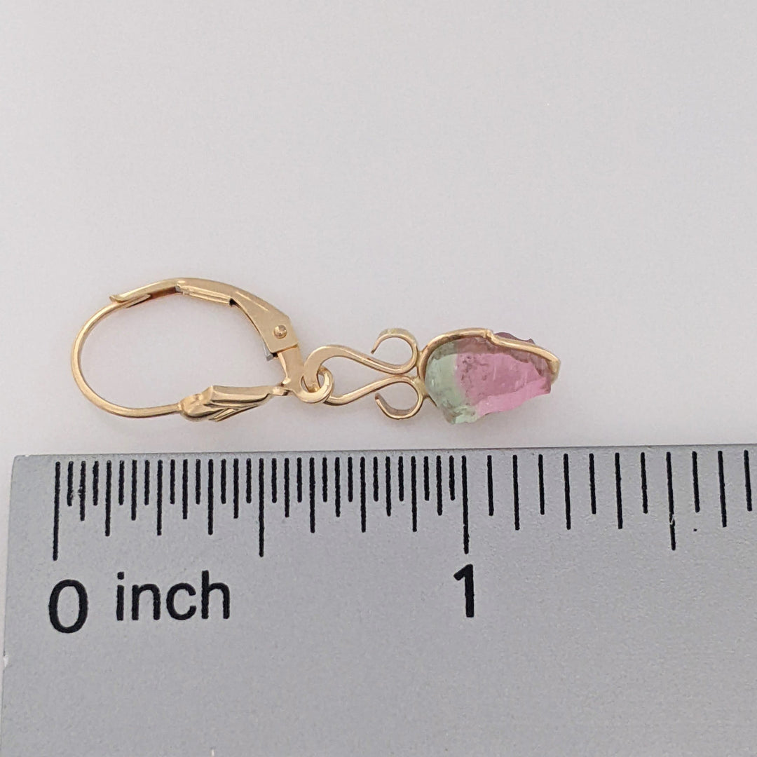 14K WATERMELON TOURMALINE SLICE LEVERBACK ESTATE EARRINGS 1.6 GRAMS