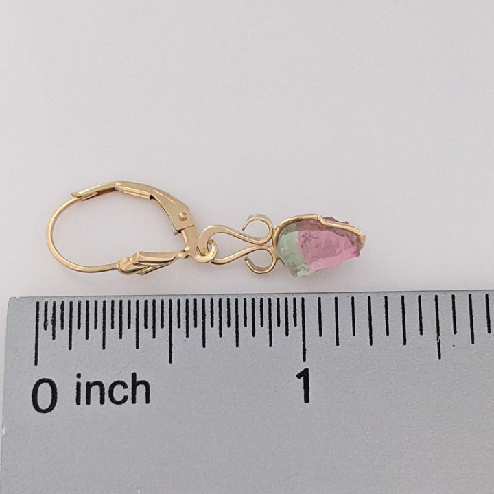 14K WATERMELON TOURMALINE SLICE LEVERBACK ESTATE EARRINGS 1.6 GRAMS