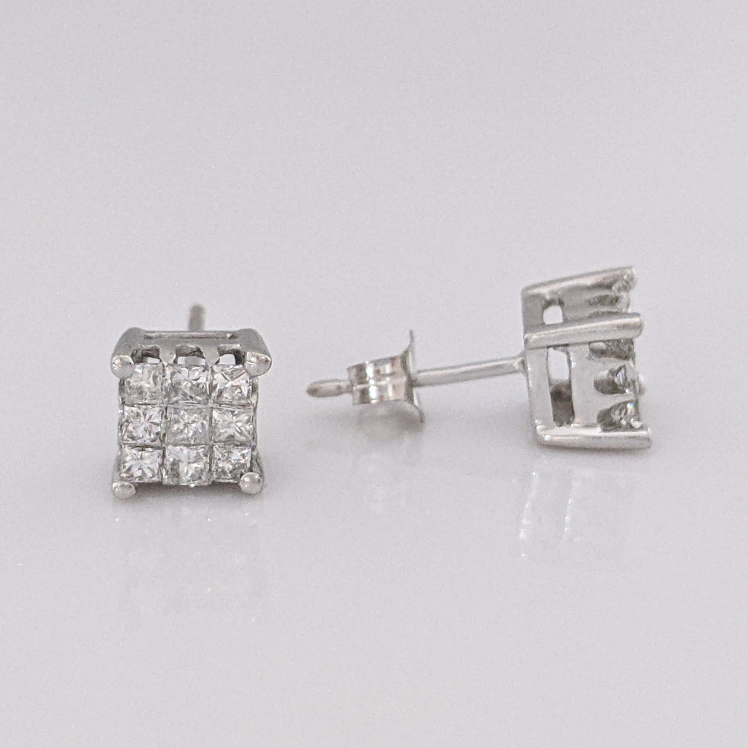 14K WHITE .54 CARAT TOTAL WEIGHT I1 H DIAMOND PRINCESS CUT (18) ESTATE STUD EARRINGS 1.5 GRAMS