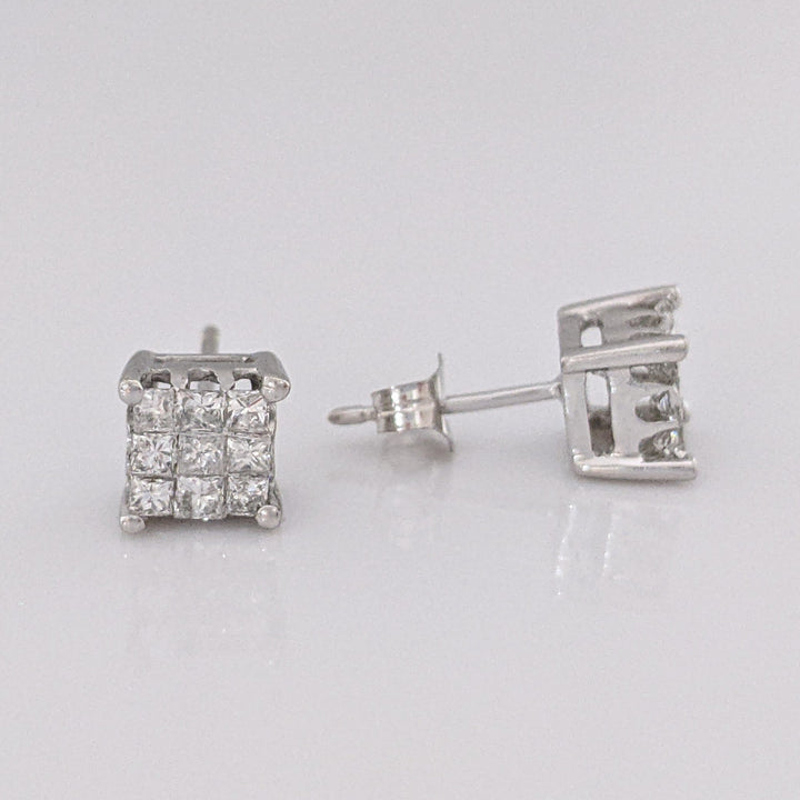 14K WHITE .54 CARAT TOTAL WEIGHT I1 H DIAMOND PRINCESS CUT (18) ESTATE STUD EARRINGS 1.5 GRAMS