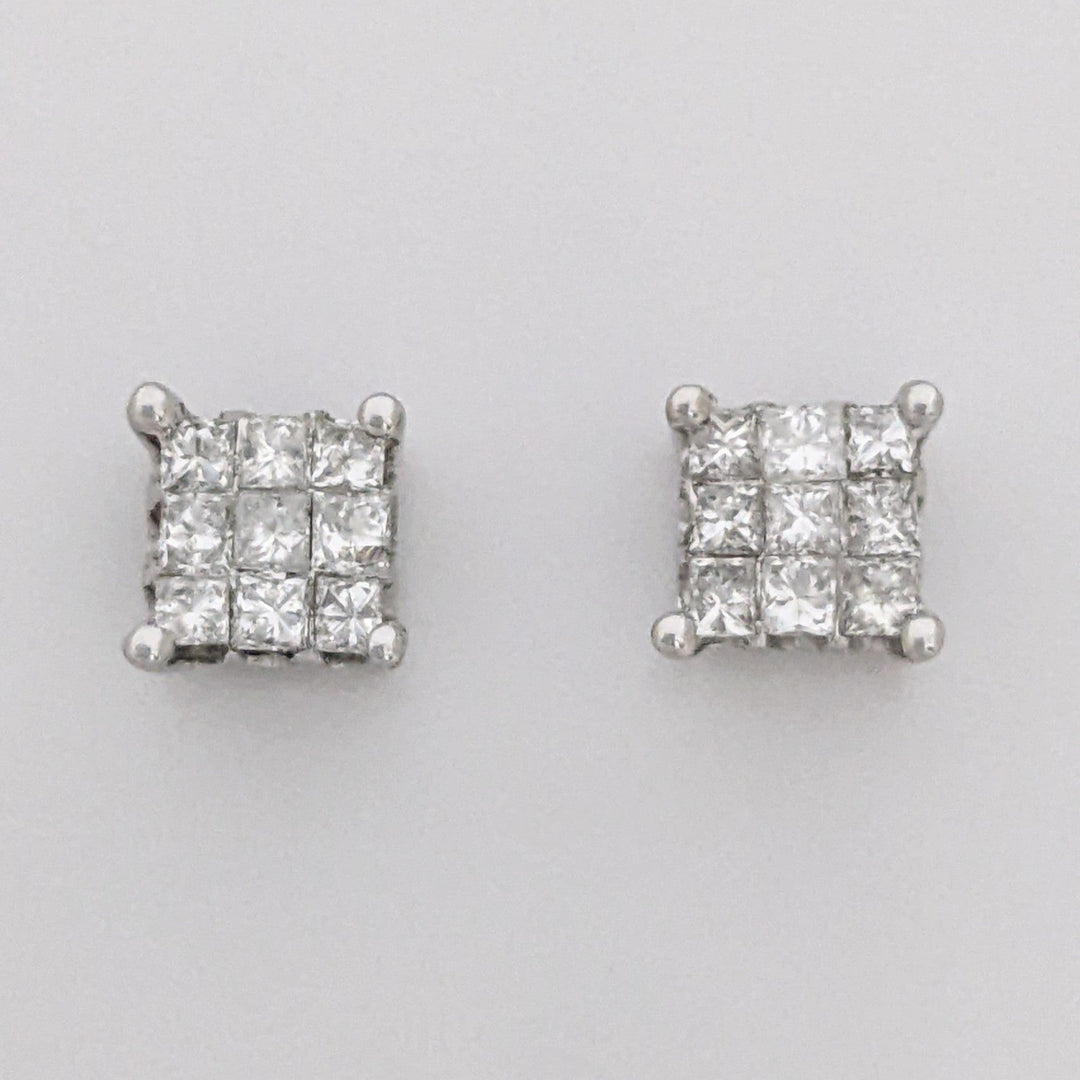 14K WHITE .54 CARAT TOTAL WEIGHT I1 H DIAMOND PRINCESS CUT (18) ESTATE STUD EARRINGS 1.5 GRAMS