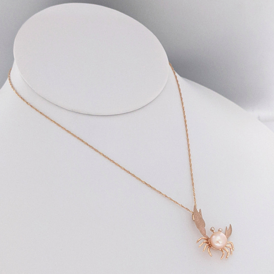 14K ROSE PEARL ROUND 7MM WITH MELEES ESTATE CRAB PENDANT & CHAIN 3.2 GRAMS